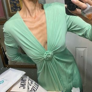 Vintage sea foam green draped goddess jersey gown dress plunge magnin empire S M
